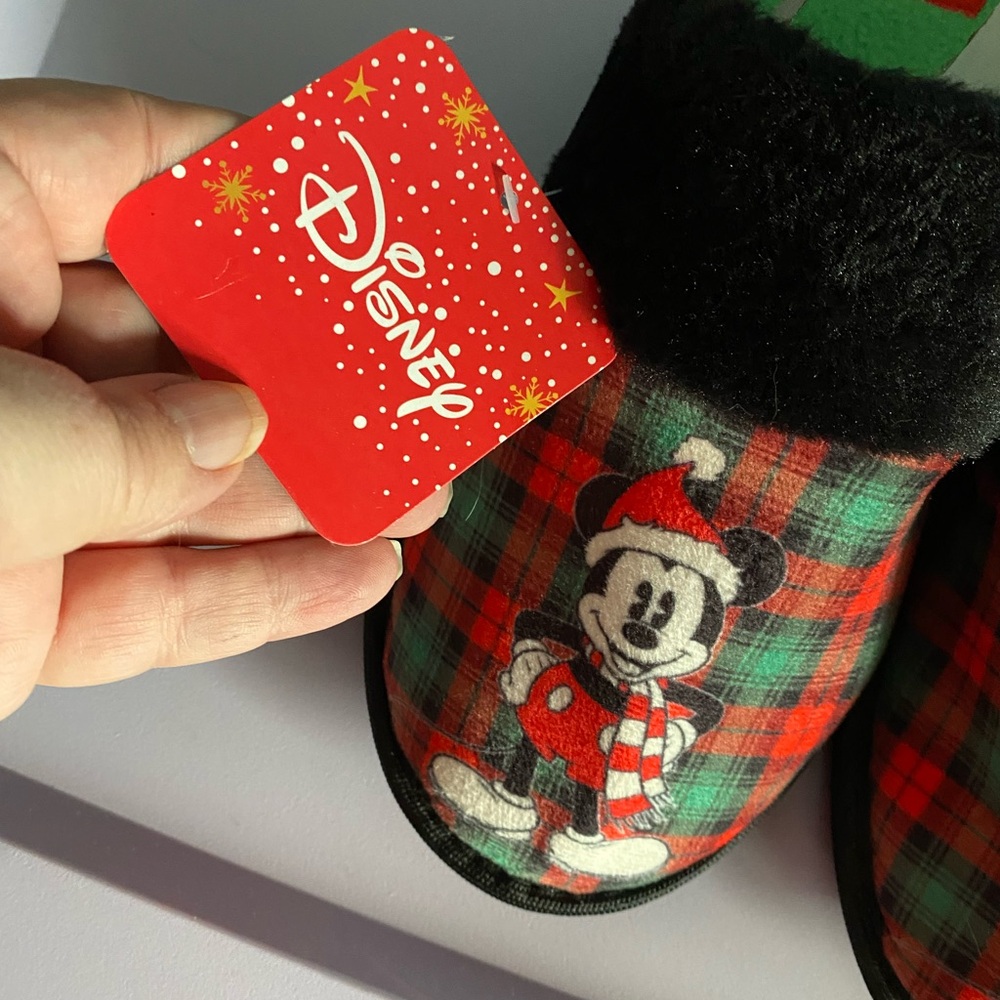 NWT Disney Mickey Mouse Christmas Slippers Plaid Fur Trim House Shoes Medium 7-9 - Picture 2 of 7